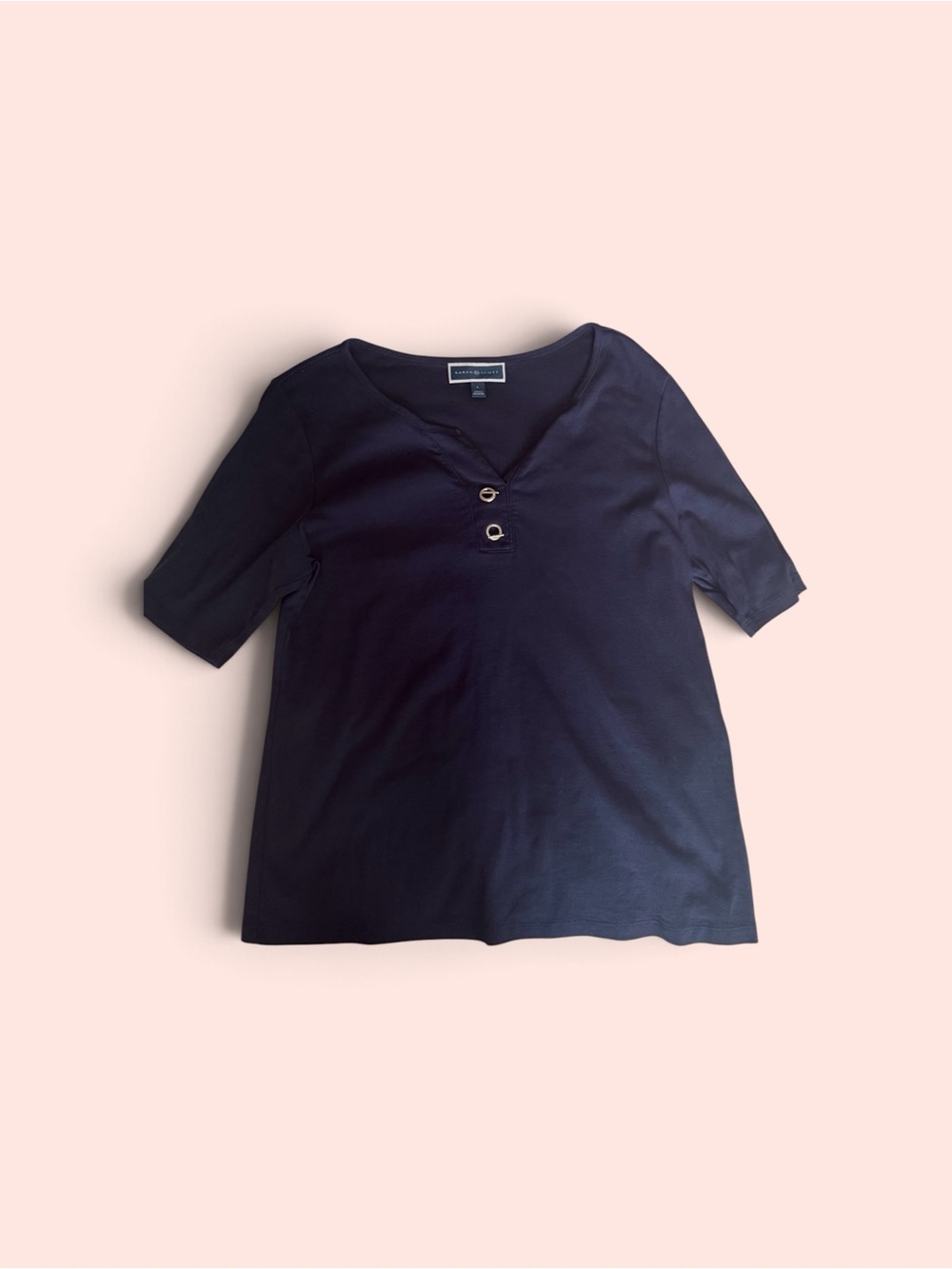 Karen Scott Navy Short Sleeve V-Neck Top with Double Ring Accent